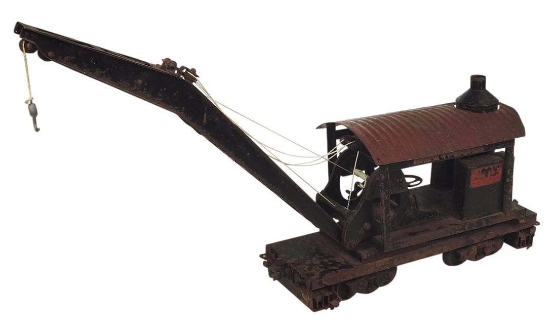 Toy Railway Crane, Buddy L Outdoor Railroad, mfgd by Moline Pressed Steel Co., pressed steel,: Toy Railway Crane, Buddy L Outdoor Railroad, mfgd by Moline Pressed Steel Co., pressed steel, c.1928, Fair+ orig cond, appears complete, 31"L as illustrated.
