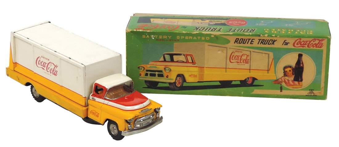 Toy Truck, Coca-Cola Delivery, mfgd by Sanyo Japan for Allen Haddock Co., litho on tin B-O in orig: Toy Truck, Coca-Cola Delivery, mfgd by Sanyo Japan for Allen Haddock Co., litho on tin B-O in orig box, c.1960, Exc+ to Near-Mint cond, 13"L.