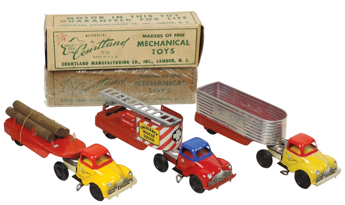 Toy Trucks (3), mfgd by Courtland, litho on tin friction drive log hauler, grain truck & rescue: Toy Trucks (3), mfgd by Courtland, litho on tin friction drive log hauler, grain truck & rescue squad, 2 in orig boxes, all Exc to Near-Mint cond, 13"L.