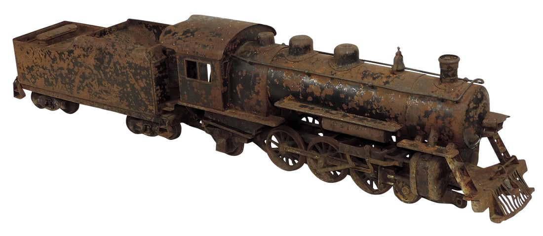 Toy Buddy L Outdoor Railway Engine & Tender, pressed steel, mfgd by Moline Pressed Steel Co., Fair+: Toy Buddy L Outdoor Railway Engine & Tender, pressed steel, mfgd by Moline Pressed Steel Co., Fair+ cond, engine 25"L.