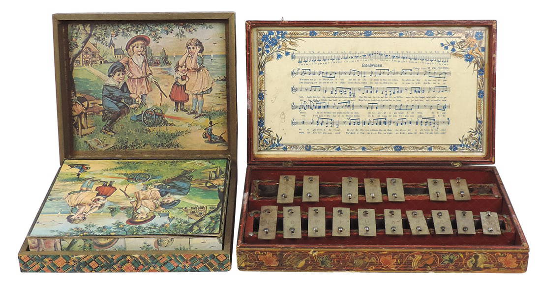 Toys (2), German Xylophone In Lithographed Box W/christmas Theme