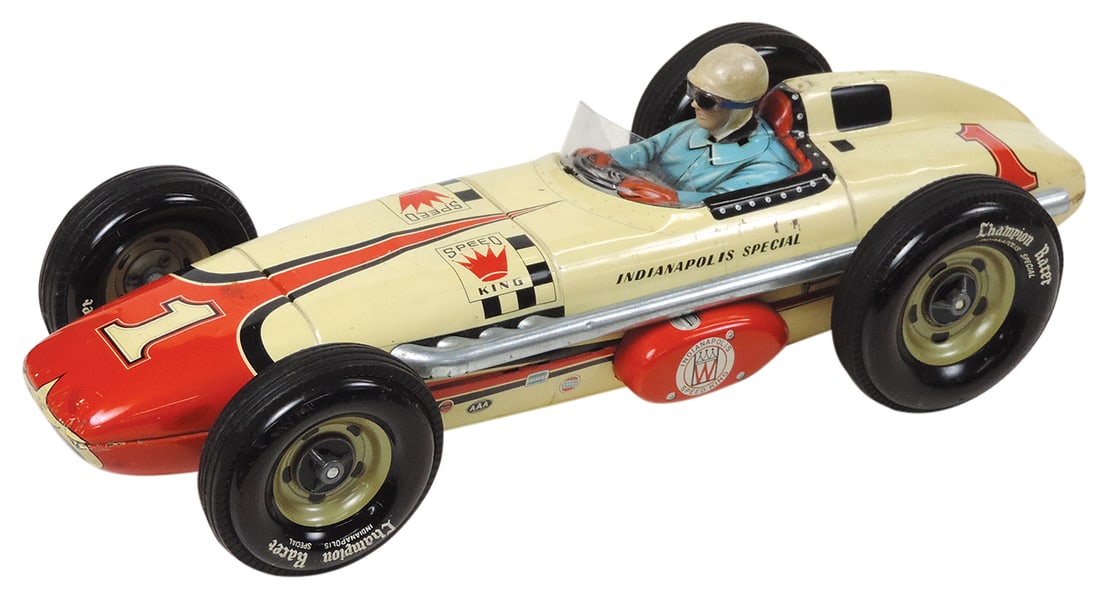 Toy Race Car, Speed King Open Wheel Friction Racer, mfgd by Yonezawa Japan, litho on tin depicting: Toy Race Car, Speed King Open Wheel Friction Racer, mfgd by Yonezawa Japan, litho on tin depicting A.J. Foyt, VG+ cond w/replaced windshield & head, 17"L.