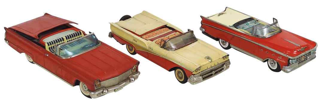 Toy Cars (3), mfgd in Japan, litho on tin friction w/retractable hardtops, most Good+ cond, largest: Toy Cars (3), mfgd in Japan, litho on tin friction w/retractable hardtops, most Good+ cond, largest 11"L.