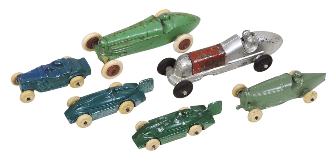 Toy Race Cars (6), all diecast miniatures of various size & shape, unmarked, VG cond, largest 4.5"L.: Toy Race Cars (6), all diecast miniatures of various size & shape, unmarked, VG cond, largest 4.5"L.
