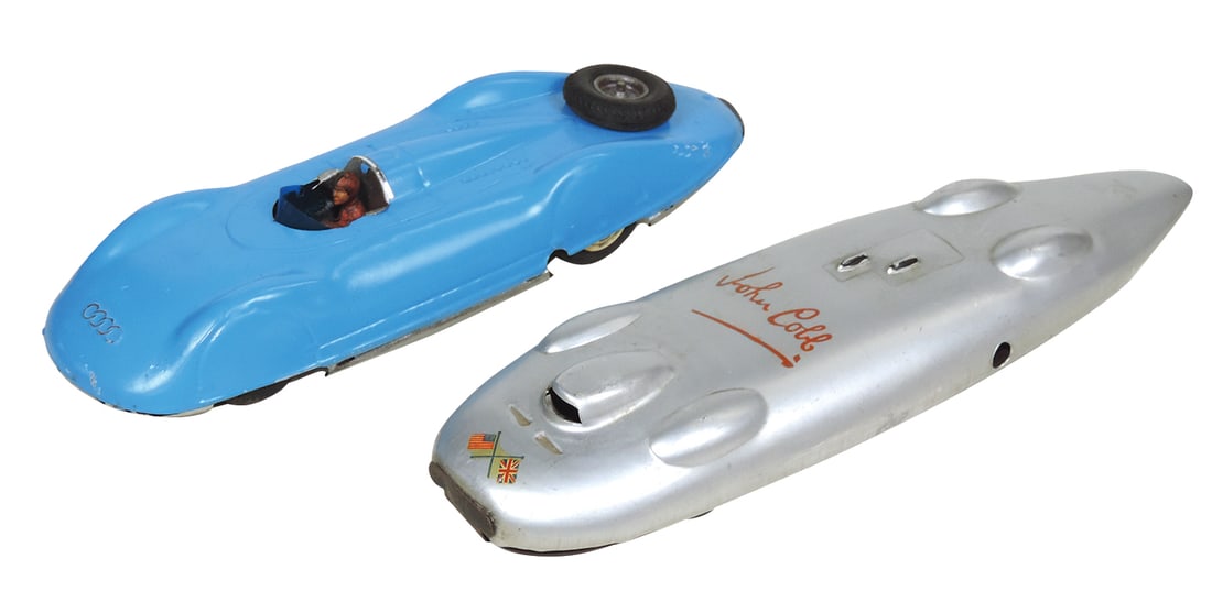 Toy Land Speeders (2), 1950's Japan, John Cobb & blue US Zone Germany w/repainted finish, VG+ &: Toy Land Speeders (2), 1950's Japan, John Cobb & blue US Zone Germany w/repainted finish, VG+ & Good+ cond, larger 10.5"L.