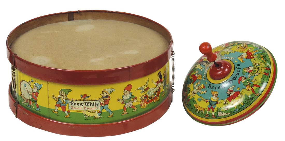 Toy Walt Disney Snow White & The 7 Dwarfs (2), Walt Disney, Chein litho on tin drum & spinning top,: Toy Walt Disney Snow White & The 7 Dwarfs (2), Walt Disney, Chein litho on tin drum & spinning top, VG working cond, larger 13"Dia.