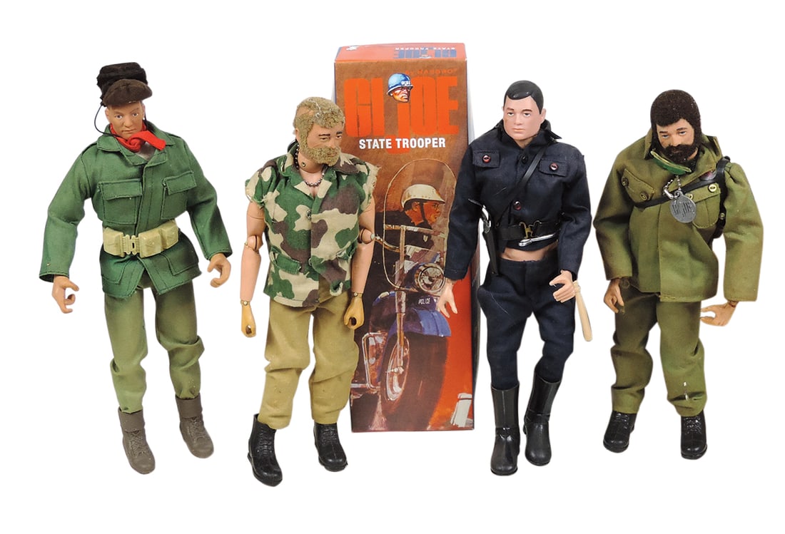 Toy GI Joe Figures (4), mfgd by Hasbro, MIB State Trooper, 2 bearded men & a Russian figure, various: Toy GI Joe Figures (4), mfgd by Hasbro, MIB State Trooper, 2 bearded men & a Russian figure, various cond, 12"L.