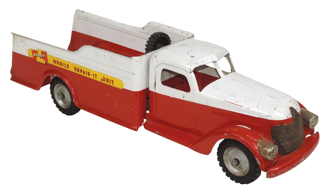 Toy Buddy L Mobile Repair-It Unit, pressed steel, VG+ cond w/some oxidation to nickel mounts & crane: Toy Buddy L Mobile Repair-It Unit, pressed steel, VG+ cond w/some oxidation to nickel mounts & crane absent, 24"L.