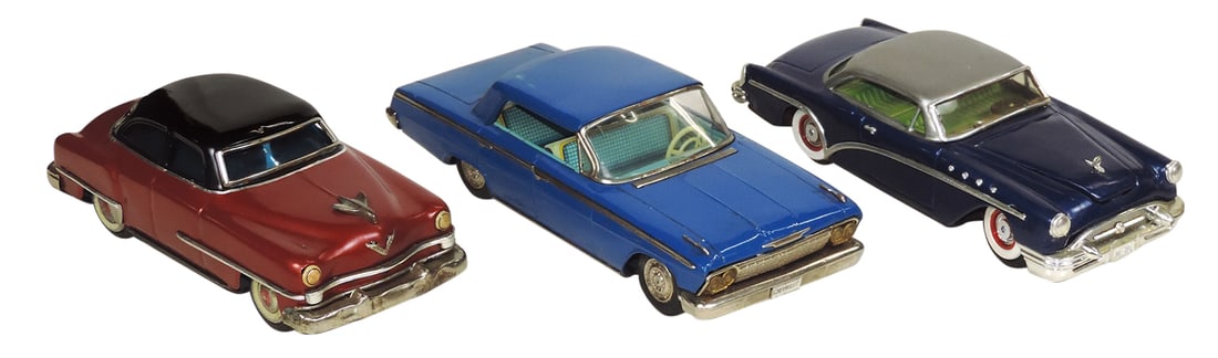 Toy Cars (3), litho on tin friction, 1950s-60s Japan, 2 restored repaints, one VG orig, 10"L.: Toy Cars (3), litho on tin friction, 1950s-60s Japan, 2 restored repaints, one VG orig, 10"L.