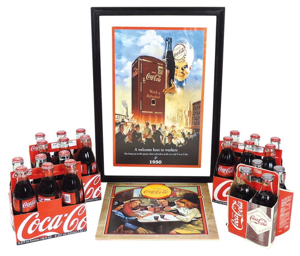 Coca-Cola Items (6), framed 1950 vending machine adv reprint, three 6 packs of 8 oz bottles, Ltd Ed: Coca-Cola Items (6), framed 1950 vending machine adv reprint, three 6 packs of 8 oz bottles, Ltd Ed four pack of early 1900 style bottles & calendar, all contemporary, Exc cond, largest 20"H x 15"W.