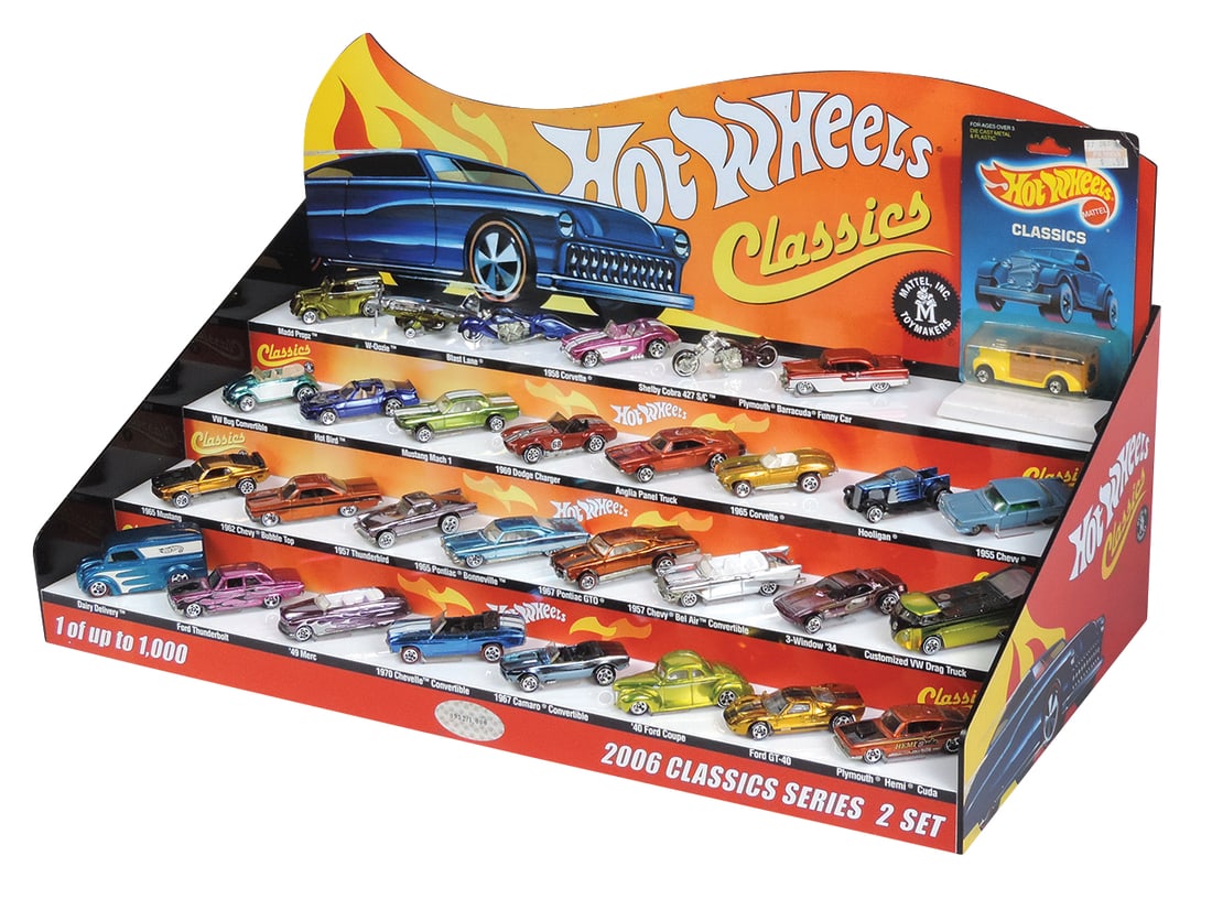 Toy Hotwheels Classics Display, 31 cars on factory 4-tier display rack, 2006 Series 2 Set #952/1000,: Toy Hotwheels Classics Display, 31 cars on factory 4-tier display rack, 2006 Series 2 Set #952/1000, Exc cond w/3 or 4 cars being non-matching later replacements, 12.5"H x 23"W.
