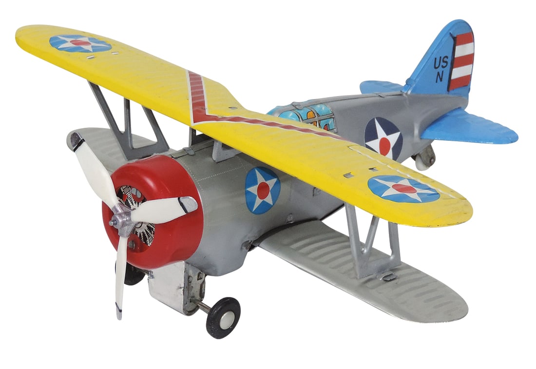 Toy Navy Bi-Plane, litho on tin Japan, B-O in Near-Mint untested cond, 11.5"Wingspan.: Toy Navy Bi-Plane, litho on tin Japan, B-O in Near-Mint untested cond, 11.5"Wingspan.