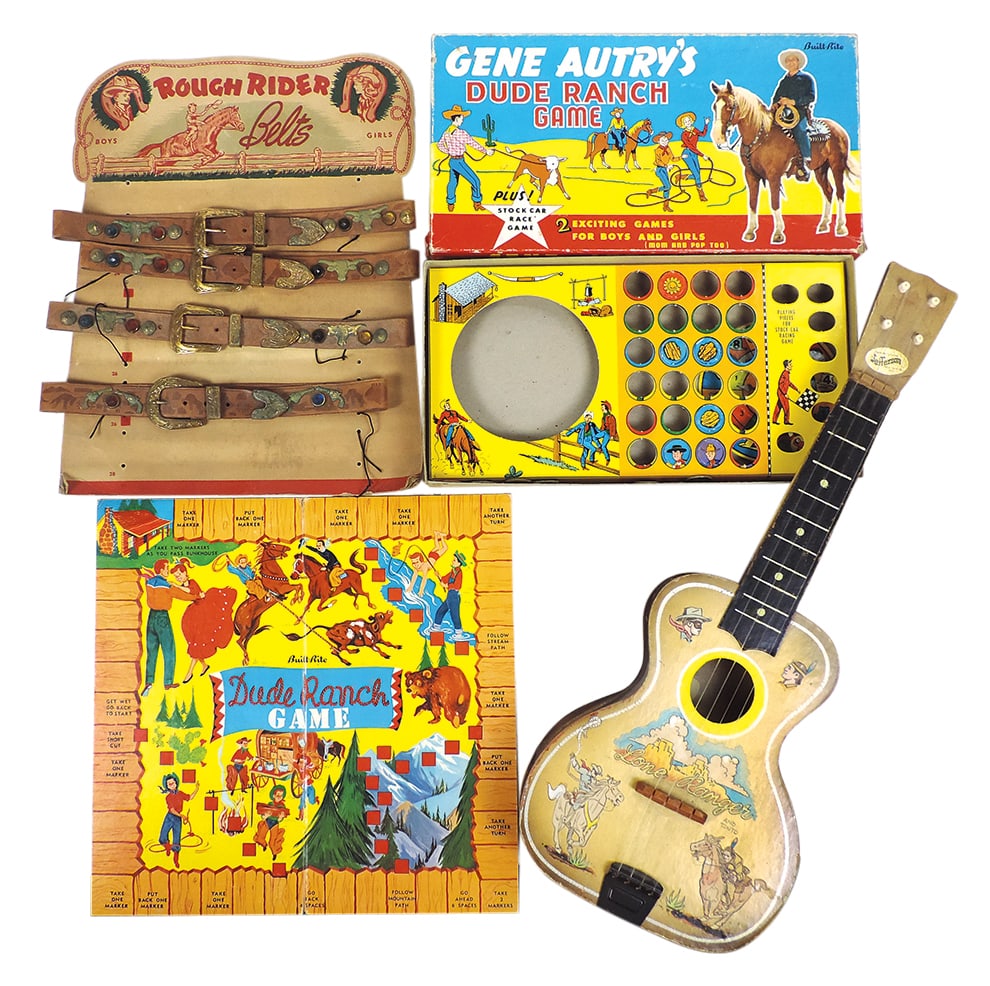 Cowboy Collectibles (3), Lone Ranger Guitar, Gene Autry's Dude Ranch Game & display: Cowboy Collectibles (3), Lone Ranger Guitar, Gene Autry's Dude Ranch Game & display of 4 new leather belts, Good+ to VG cond, 22"H.