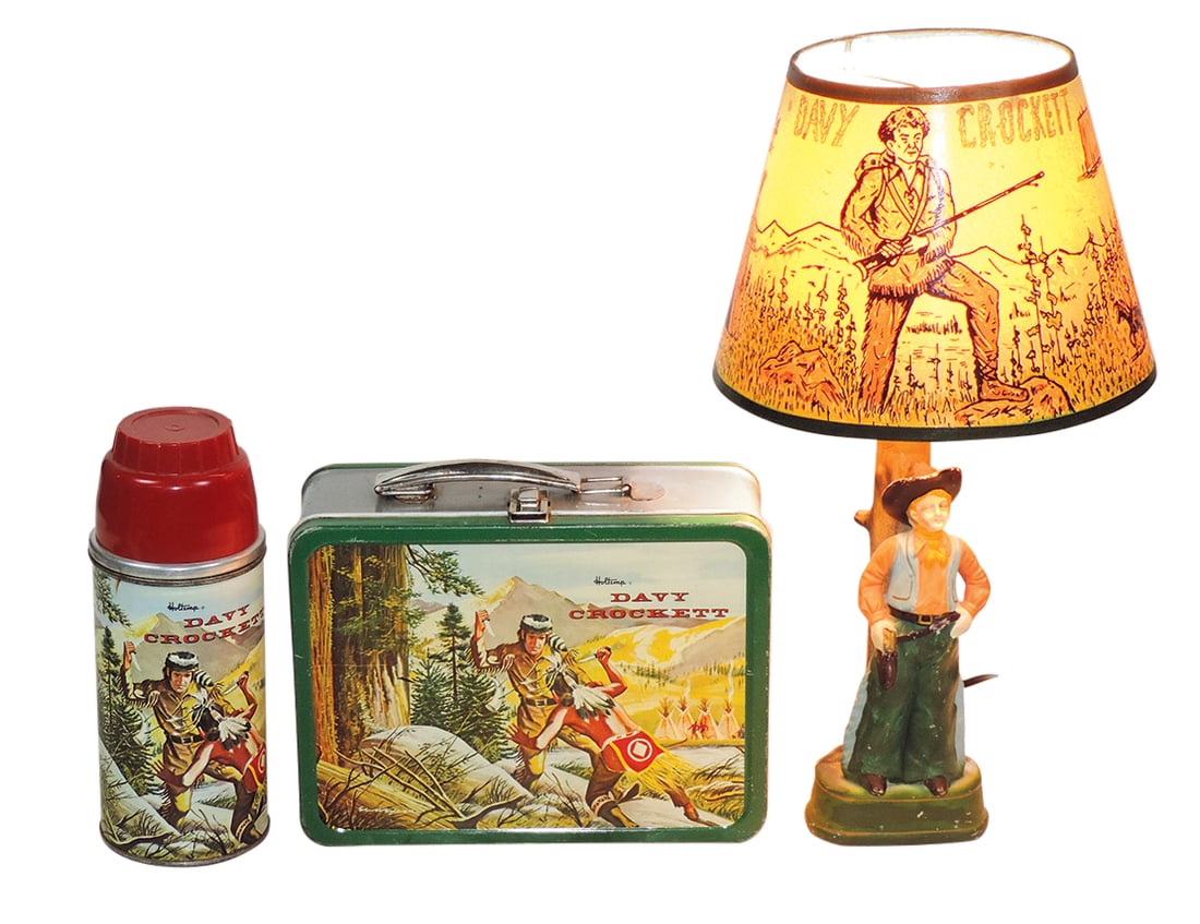 Davy Crockett Lunchbox & Lamp, litho on tin w/orig thermos, mfgd by Holtemp & hand-painted porcelain: Davy Crockett Lunchbox & Lamp, litho on tin w/orig thermos, mfgd by Holtemp & hand-painted porcelain lamp base w/Davy Crockett shade, larger 14"L.