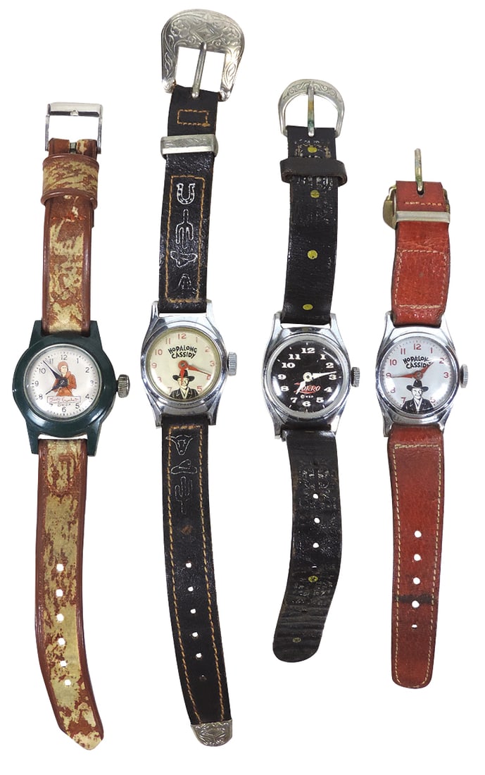 Cowboy Wrist Watches (4), 2 Hopalong Cassidy & Zorro by US Time & a Davy Crockett, VG non-working: Cowboy Wrist Watches (4), 2 Hopalong Cassidy & Zorro by US Time & a Davy Crockett, VG non-working cond.