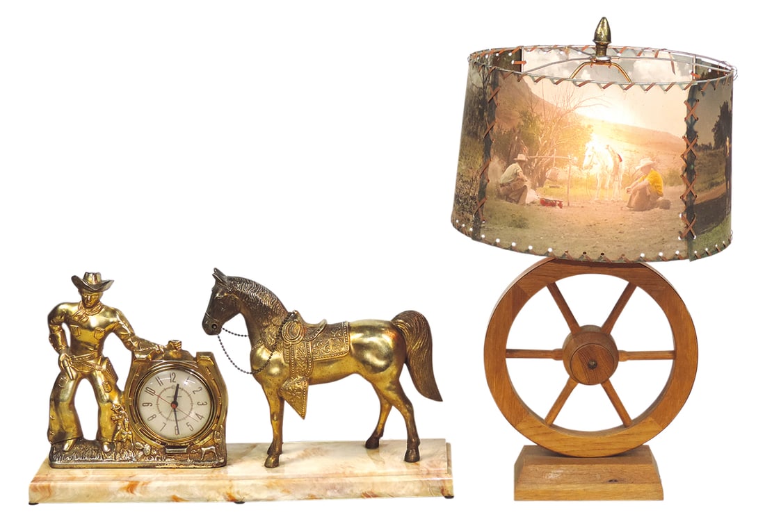 Cowboy Clock & Lamp (2), Cowboy w/six shooter carnival or rodeo clock w/horse & wagon-wheel table: Cowboy Clock & Lamp (2), Cowboy w/six shooter carnival or rodeo clock w/horse & wagon-wheel table lamp w/round-up theme shade, VG working cond noting clock lariat absent, larger 21"H.