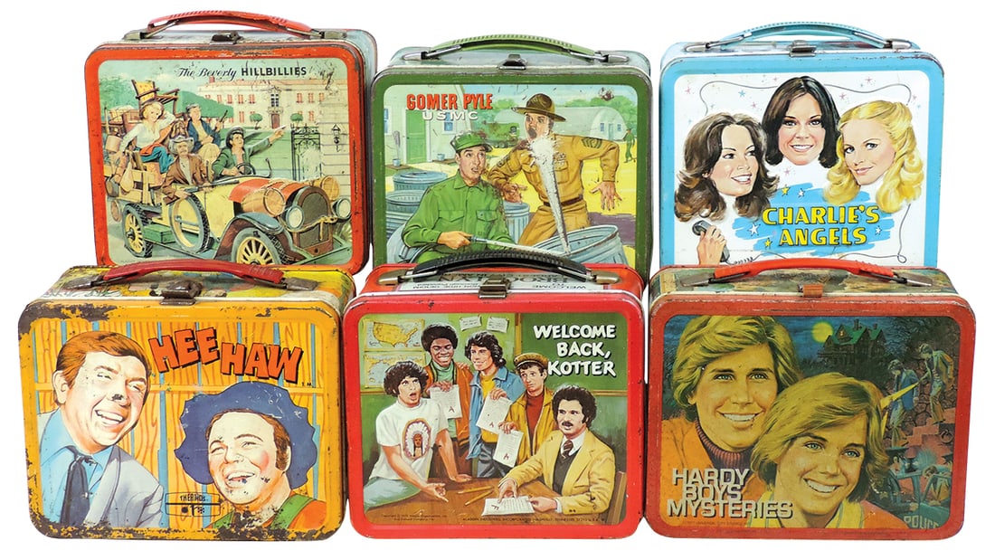 Lunchboxes (6), Gomer Pyle, Hardy Boys Mysteries, The Beverly Hillbillies, Charlie's Angels, Hee Haw: Lunchboxes (6), Gomer Pyle, Hardy Boys Mysteries, The Beverly Hillbillies, Charlie's Angels, Hee Haw & Welcome Back Kotter, Charlie's Angels w/thermos, others w/out, most Good cond or better, 7"H x 9"