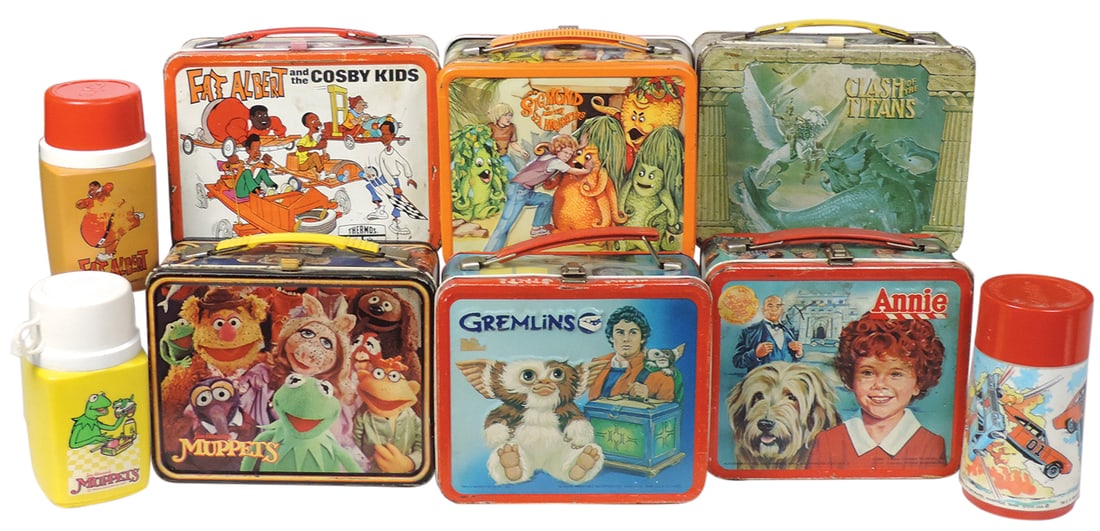 Lunchboxes (6), Gremlins, Clash of the Titans, Sigmund the Sea Monster, Annie (w/thermos), Muppets: Lunchboxes (6), Gremlins, Clash of the Titans, Sigmund the Sea Monster, Annie (w/thermos), Muppets (w/thermos) & Fat Albert (w/thermos), most Good cond or better, 7"H x 9"W.