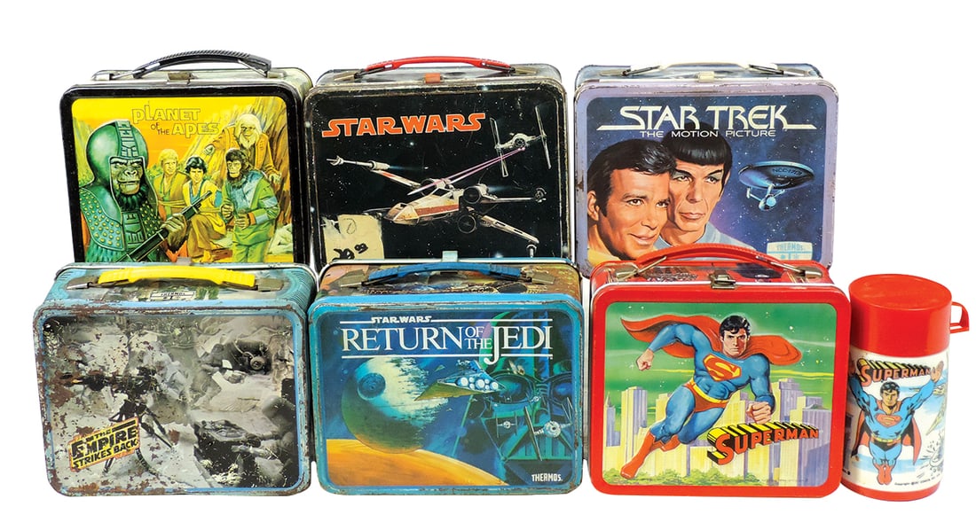 Lunchboxes (6), Planet of the Apes, Star Wars, Star Trek, The Empire Strikes Back & Return of the: Lunchboxes (6), Planet of the Apes, Star Wars, Star Trek, The Empire Strikes Back & Return of the Jedi, all w/out thermoses & Superman w/thermos, most Good cond or better, 7"H x 9"W.