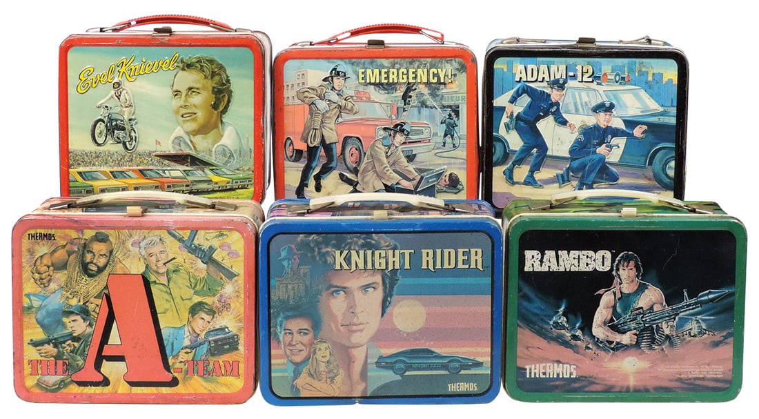 Lunchboxes (6), Rambo, Adam 12, Evel Knievel, Emergency, The A Team & Knight Rider, all thermoses: Lunchboxes (6), Rambo, Adam 12, Evel Knievel, Emergency, The A Team & Knight Rider, all thermoses missing except Knight Rider, most Good cond or better, 7"H x 9"W.