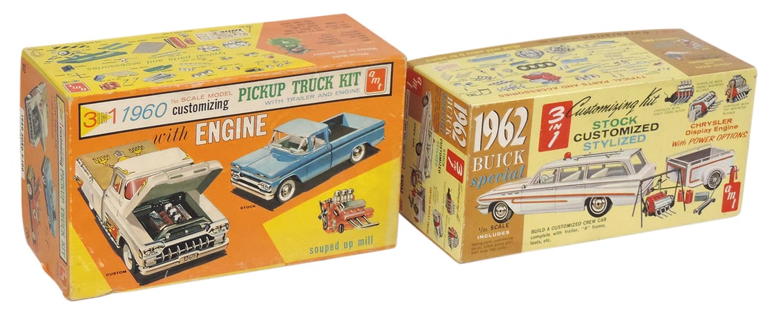 Toy Model Car Kits (2), AMT 1960 Pickup & 1962 Buick Crew Car in orig boxes, VG partially-built: Toy Model Car Kits (2), AMT 1960 Pickup & 1962 Buick Crew Car in orig boxes, VG partially-built cond, 9.5"L.