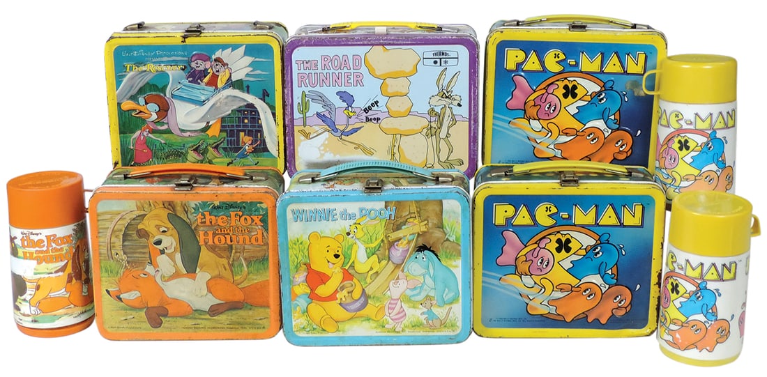 Lunchboxes (6), Road Runner, 2 Pac-Man, The Fox & the Hound (w/thermos), Rescuers & Winnie the Pooh,: Lunchboxes (6), Road Runner, 2 Pac-Man, The Fox & the Hound (w/thermos), Rescuers & Winnie the Pooh, most Good cond or better, 7"H x 9"W.