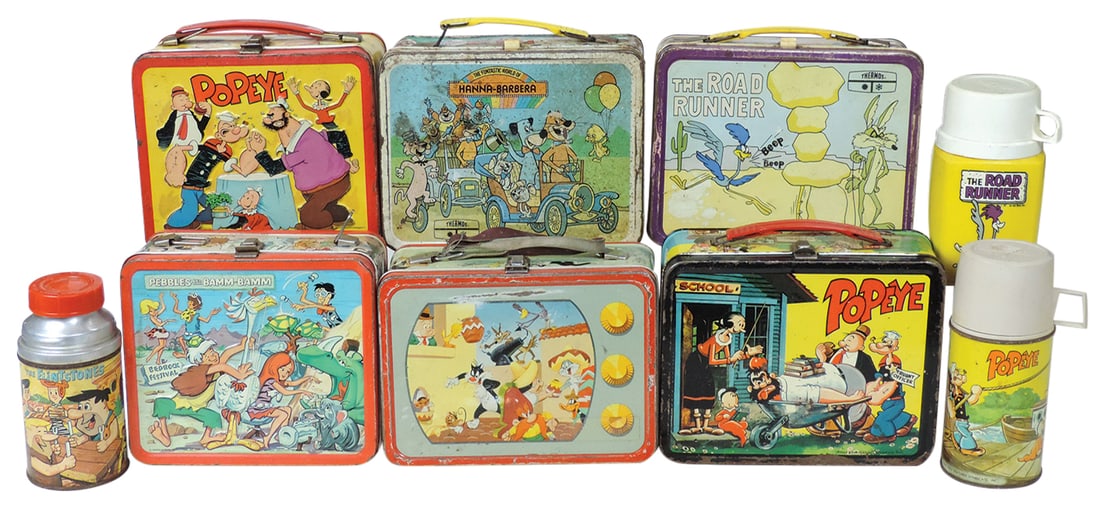 Lunchboxes (6), 2 Road Runner (one w/thermos), 2 Popeye (one w/thermos), Hanna Barbra & Pebbles &: Lunchboxes (6), 2 Road Runner (one w/thermos), 2 Popeye (one w/thermos), Hanna Barbra & Pebbles & Bam Bam (w/thermos), most Good cond or better, 7"H x 9"W.