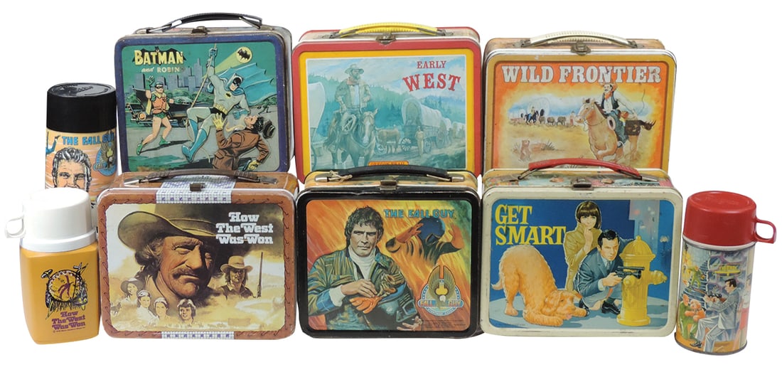 Lunchboxes (6), Wild Frontier, Batman, Early West, The Fall Guy w/thermos, Get Smart w/thermos & How: Lunchboxes (6), Wild Frontier, Batman, Early West, The Fall Guy w/thermos, Get Smart w/thermos & How the West Was Won w/thermos, most Good cond or better, 7"H x 9"W.
