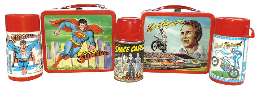 Lunchboxes & Thermos (3), 1978 Superman w/thermos, 1974 Evel Knievel w/thermos & 1952 Space Cadet: Lunchboxes & Thermos (3), 1978 Superman w/thermos, 1974 Evel Knievel w/thermos & 1952 Space Cadet thermos, all by Aladdin in VG+ to Exc cond, largest 8"L.