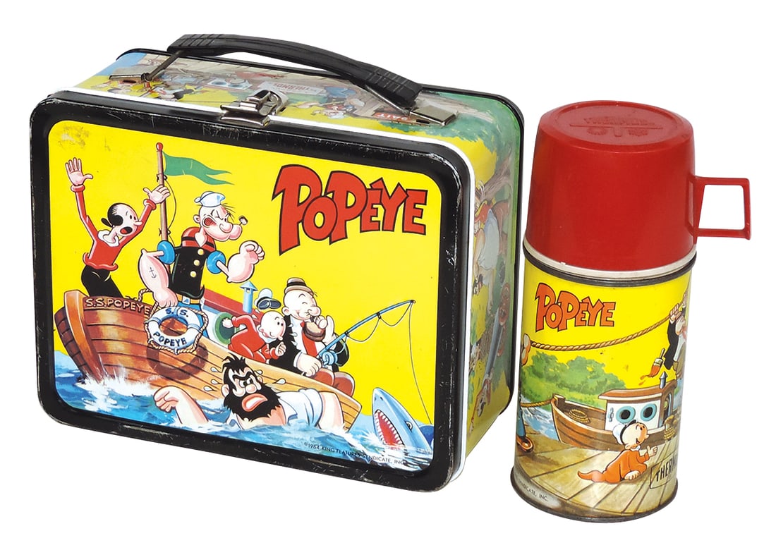 Lunchbox, Popeye, mfgd by Thermos, complete w/thermos, VG cond, 8"W.: Lunchbox, Popeye, mfgd by Thermos, complete w/thermos, VG cond, 8"W.