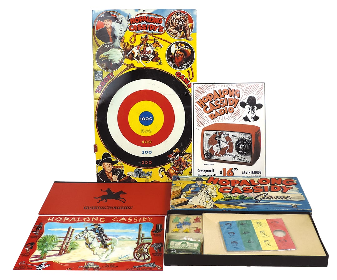 Hopalong Cassidy Games (2), Marx litho on tin dart board & Milton Bradley board game, VG cond,: Hopalong Cassidy Games (2), Marx litho on tin dart board & Milton Bradley board game, VG cond, larger 27"H x 17"W.