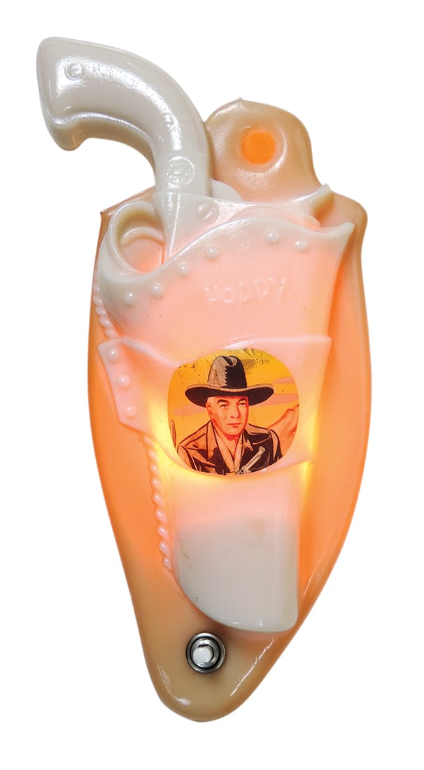 Hopalong Cassidy Nightlight, molded holster-shaped Alacite glass, mfgd by Aladdin, Exc working cond,: Hopalong Cassidy Nightlight, molded holster-shaped Alacite glass, mfgd by Aladdin, Exc working cond, 10"H.