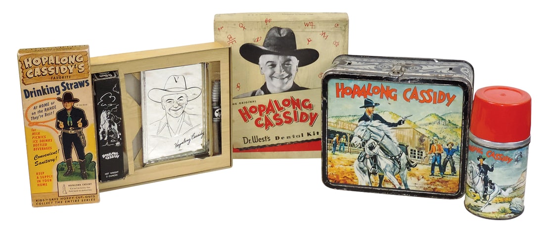 Hopalong Cassidy Items (3), litho on tin lunchbox & thermos by Aladdin, drinking straws & dental: Hopalong Cassidy Items (3), litho on tin lunchbox & thermos by Aladdin, drinking straws & dental kit, both unused in orig boxes, Good+ to Near-Mint cond, noting handle absent on box, largest 9"L.