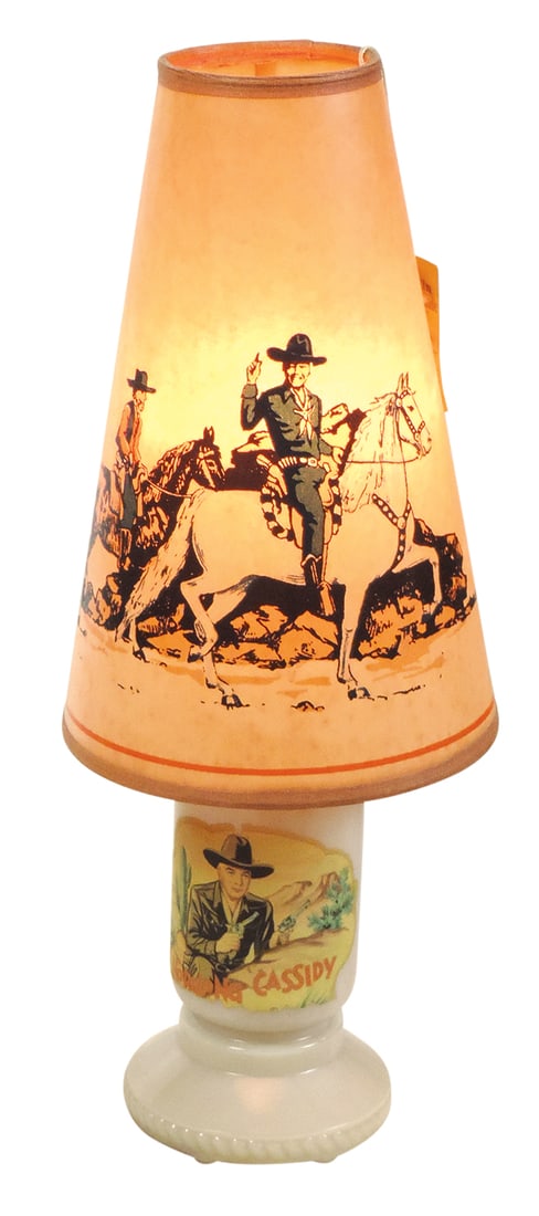 Hopalong Cassidy Table Lamp, mfgd by Aladdin, bullet-shaped Alacite glass w/orig decal & shade, Exc: Hopalong Cassidy Table Lamp, mfgd by Aladdin, bullet-shaped Alacite glass w/orig decal & shade, Exc working cond, 16.5"H.