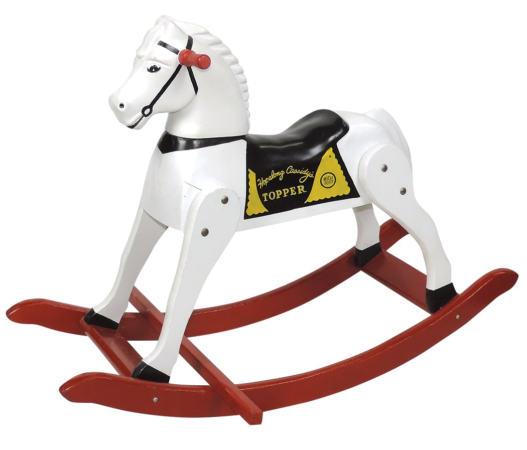 Child's Hopalong Cassidy Hobby Horse, mfgd by Rich Toys, plastic & painted wood, Near-Mint cond w/2: Child's Hopalong Cassidy Hobby Horse, mfgd by Rich Toys, plastic & painted wood, Near-Mint cond w/2 age cracks in body, 21"H.