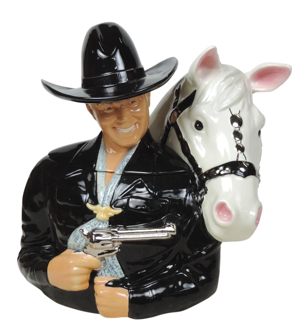 Hopalong Cassidy Cookie Jar, hand-painted ceramic, c.1994, mfgd by The Gallery of Cowboy Heroes, Ltd: Hopalong Cassidy Cookie Jar, hand-painted ceramic, c.1994, mfgd by The Gallery of Cowboy Heroes, Ltd Ed No.137 of 500, Exc cond, 16"H.