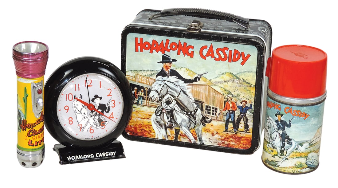 Hopalong Cassidy items (4), litho on tin lunchbox & thermos by Aladdin, US Time alarm clock & siren: Hopalong Cassidy items (4), litho on tin lunchbox & thermos by Aladdin, US Time alarm clock & siren light, VG to Exc cond, largest 8.5"L.