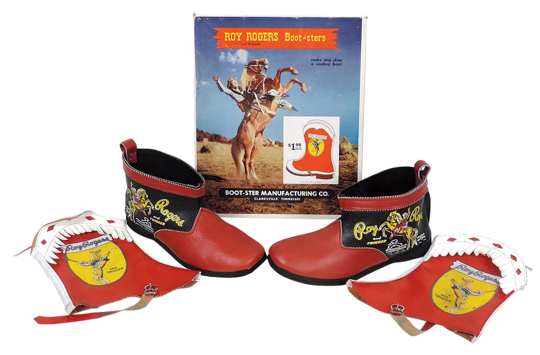 Roy Rogers boots & covers (2), pair of boot-sters in orig box, red & black boots w/decorated scene,: Roy Rogers boots & covers (2), pair of boot-sters in orig box, red & black boots w/decorated scene, Exc to Near-Mint cond, 11.5"L.