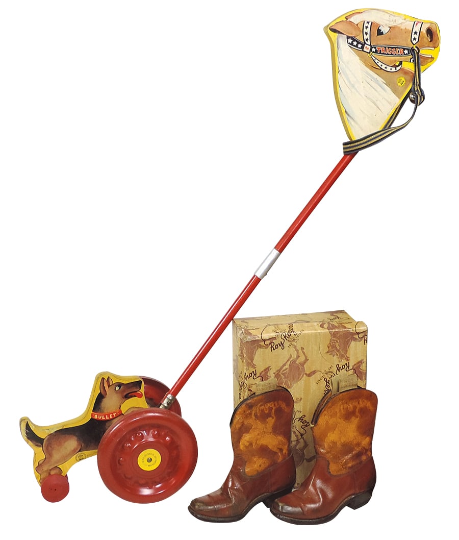 Child's Roy Rogers Hobby Horse by Hill Bell Toys & pair of leather cowboy boots in orig box w/some: Child's Roy Rogers Hobby Horse by Hill Bell Toys & pair of leather cowboy boots in orig box w/some wear, VG to Exc cond, Hobby Horse 35"L.
