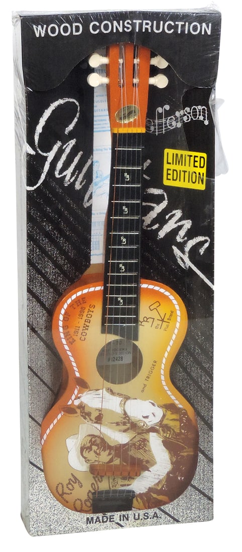 Roy Rogers Guitar, Ltd Ed #12428 by Jefferson Mfg Co., painted wood, Mint unopened in orig box,: Roy Rogers Guitar, Ltd Ed #12428 by Jefferson Mfg Co., painted wood, Mint unopened in orig box, 29"L.
