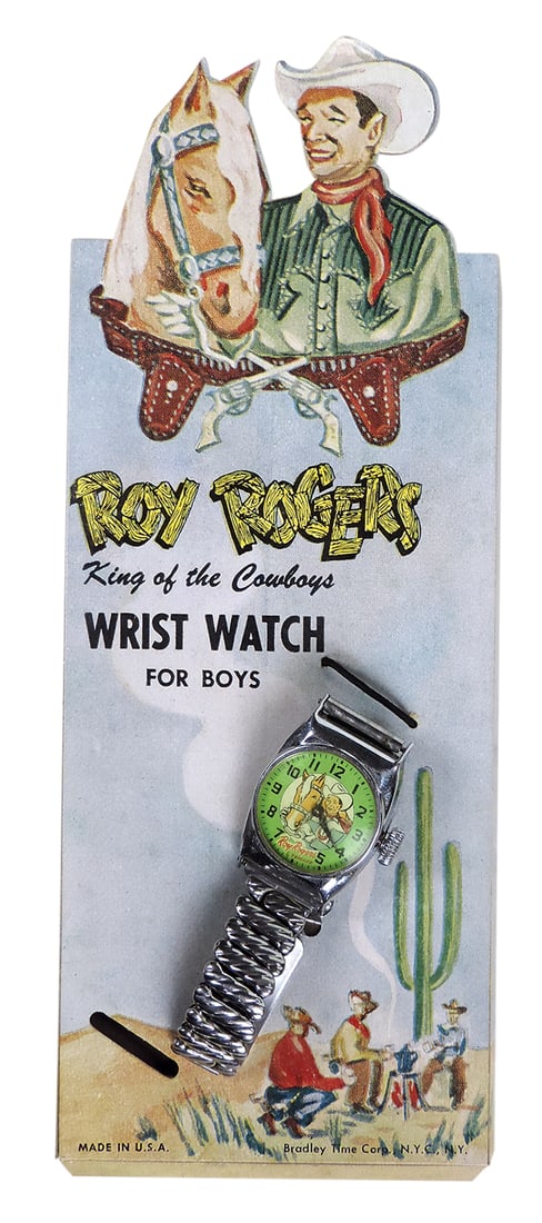 Roy Rogers Wrist Watch by Bradley Time Co., in orig box w/diecut cdbd display, Near-Mint non-working: Roy Rogers Wrist Watch by Bradley Time Co., in orig box w/diecut cdbd display, Near-Mint non-working cond, 8.75"L.