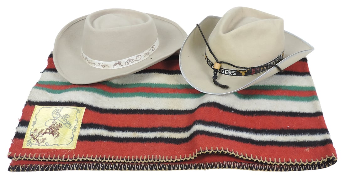 Roy Rogers Saddle Blanket & 2 Cowboy Hats, VG cond, largest 46"L.: Roy Rogers Saddle Blanket & 2 Cowboy Hats, VG cond, largest 46"L.