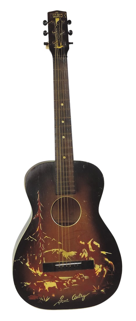 Gene Autry Guitar, painted wood w/cowboy scene, VG cond, 36"L.: Gene Autry Guitar, painted wood w/cowboy scene, VG cond, 36"L.