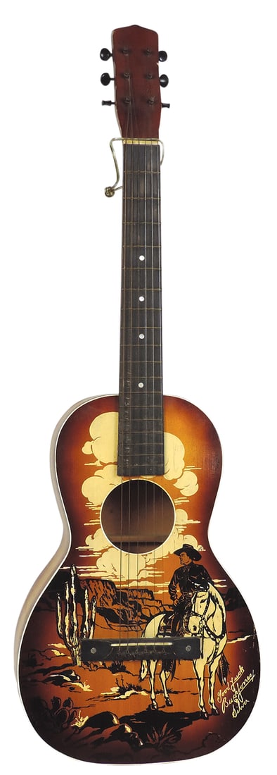 Cowboy Buck Jones Guitar w/Buck Jones & Silver theme, painted wood, VG cond, 37"L.: Cowboy Buck Jones Guitar w/Buck Jones & Silver theme, painted wood, VG cond, 37"L.