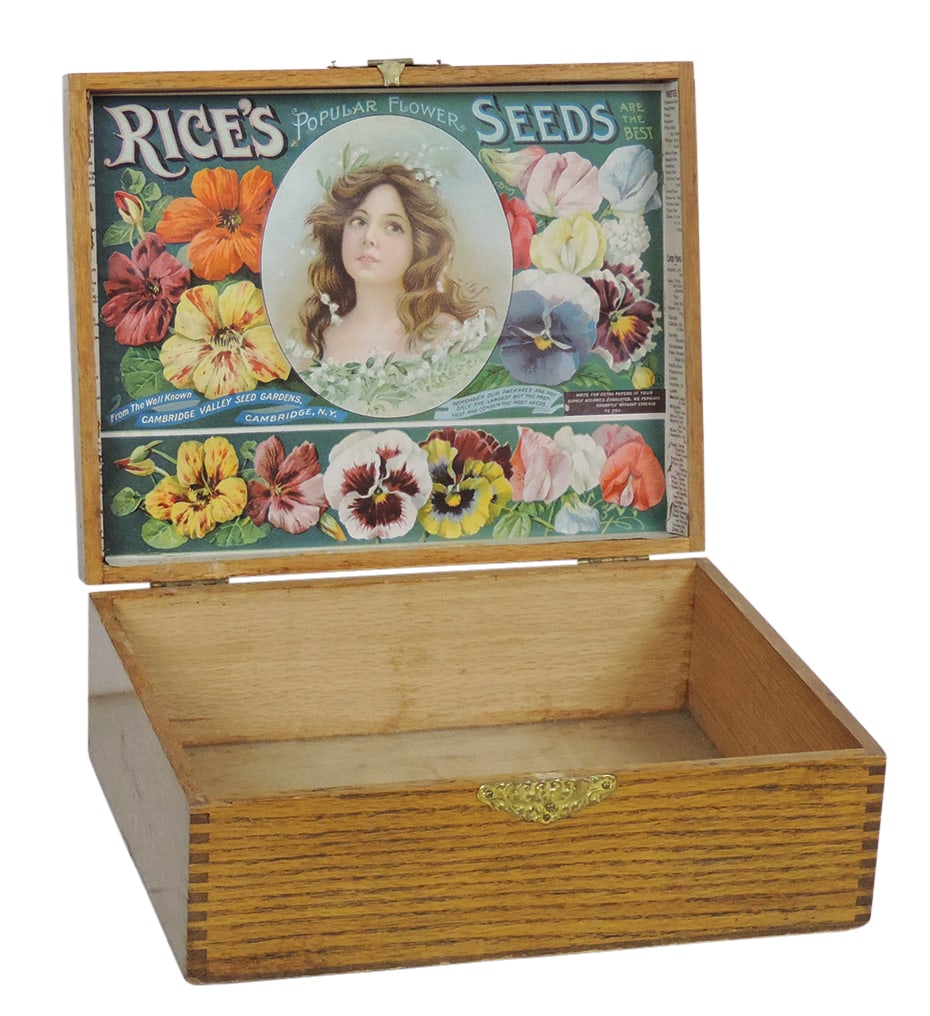 Country Store Seed Box, Rice's Seeds, oak w/paper label under lid, Exc cond, 11"L.: Country Store Seed Box, Rice's Seeds, oak w/paper label under lid, Exc cond, 11"L.