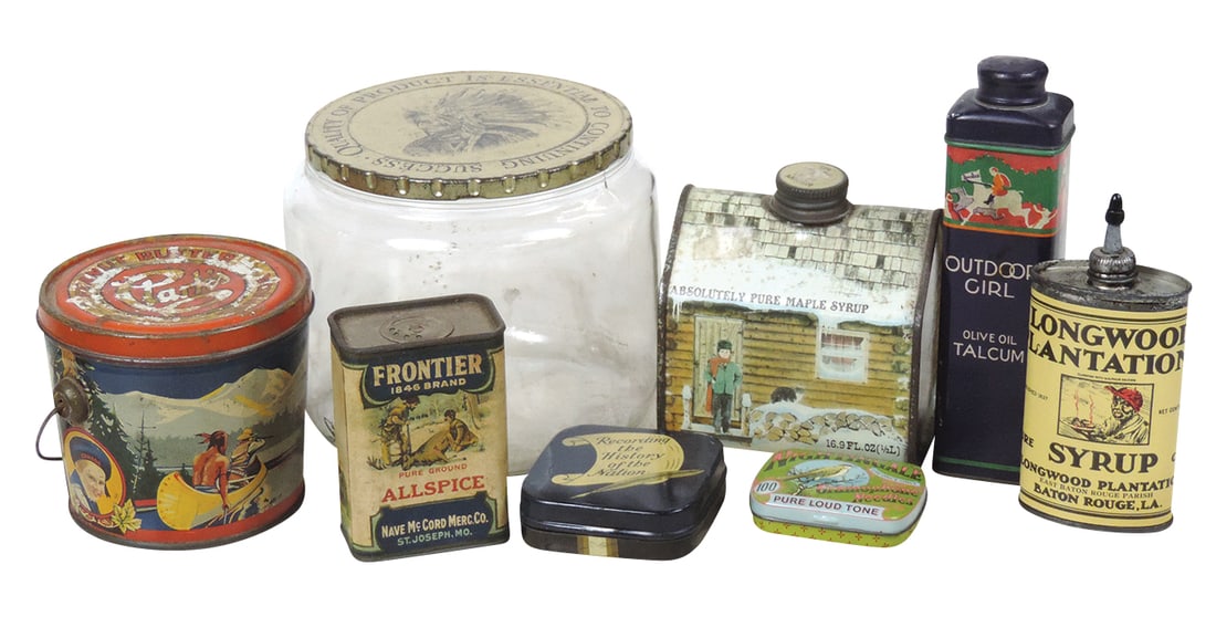 Country Store Tin Containers (8), Clark's Peanut Butter Pail, Maple Syrup Log Cabin, Longwood: Country Store Tin Containers (8), Clark's Peanut Butter Pail, Maple Syrup Log Cabin, Longwood Plantation Syrup (contemporary), Outdoor Girl Talcum & others, most litho on tin in VG cond, largest 5"H.