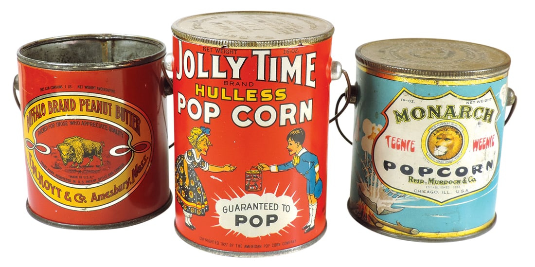 Country Store Popcorn & Peanut Butter Pails (3), Jolly Time & Monarch Popcorn litho on tin pails, 14: Country Store Popcorn & Peanut Butter Pails (3), Jolly Time & Monarch Popcorn litho on tin pails, 14 oz & 16 oz, both w/lids & Buffalo Brand Peanut Butter 1# pail w/out lid, Exc & VG cond w/fun graphi