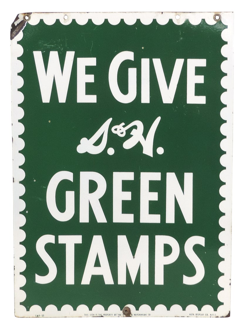 Country Store S. & H. Green Stamps Sign, double-sided porcelain on steel, c.1953, mfgd by Alfa: Country Store S. & H. Green Stamps Sign, double-sided porcelain on steel, c.1953, mfgd by Alfa Display, VG+ cond w/one corner bend, 28"H x 20"W.