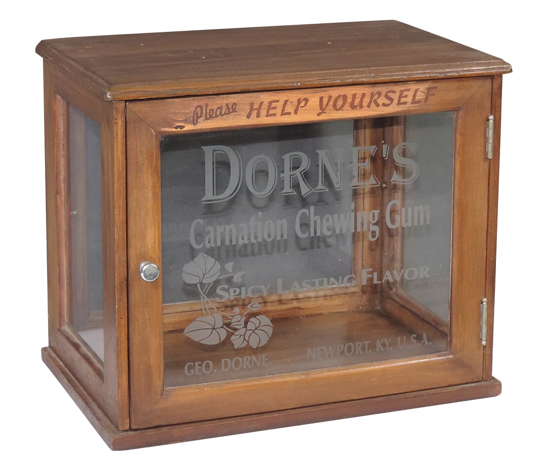 Country Store Dorne's Chewing Gum Counter Display, wood w/Geo. Dorne Spicy Carnation Gum etched: Country Store Dorne's Chewing Gum Counter Display, wood w/Geo. Dorne Spicy Carnation Gum etched glass below branded "Please Help Yourself," Exc orig cond w/light wear, shelves absent, 2 mounting holes