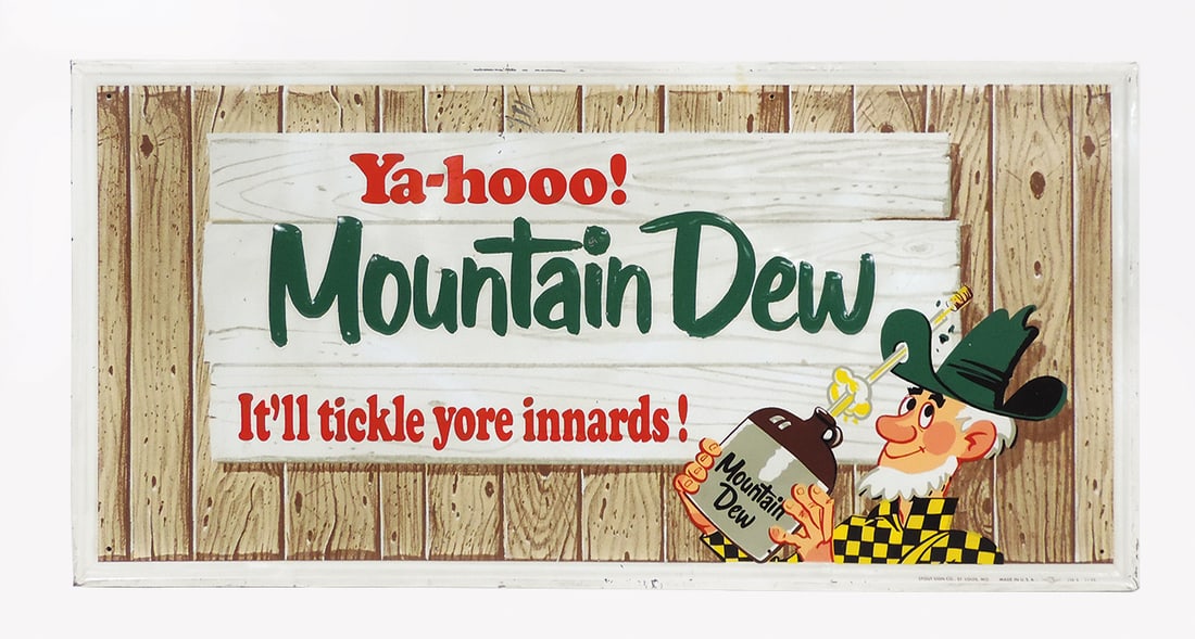 Soda Fountain Sign, Mountain Dew, litho on self-framed embossed tin, mfgd by Stout Sign Co.: Soda Fountain Sign, Mountain Dew, litho on self-framed embossed tin, mfgd by Stout Sign Co. w/trademark Hillbilly, VG+ cond w/some minor edge dings & scrapes, 17.5"H x 35"W.